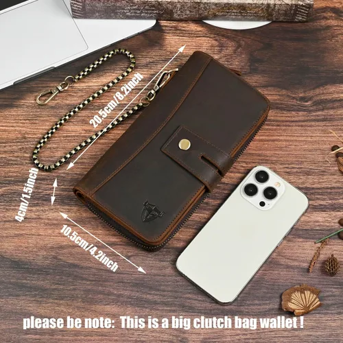 Vista 23 de Genuino Caballo Loco Cuero Regalo de Viaje Moneda Bolsillo Tarjetero Organizador Largo Cadena Rfid Cartera Monedero Con Broche Para Hombres Hombres