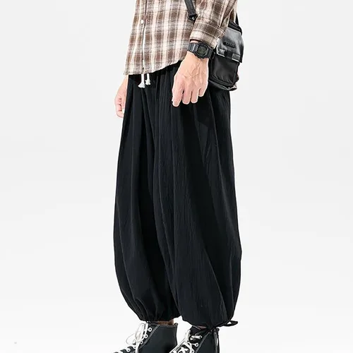 Vista 3 de Pantalones harén de algodón y lino para hombre, estilo casual, holgados, color sólido, hippie, yoga, pierna ancha, con cordón, pantalones de playa