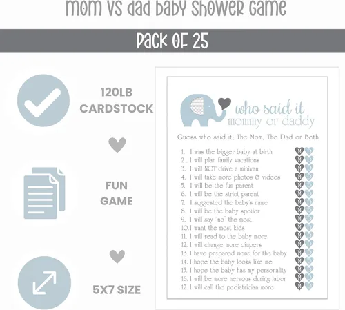 Vista 4 de Paper Clever Party Juego de baby shower de elefante para niños, 25 tarjetas de juego de Adivina quién mamá o papá, divertidas actividades