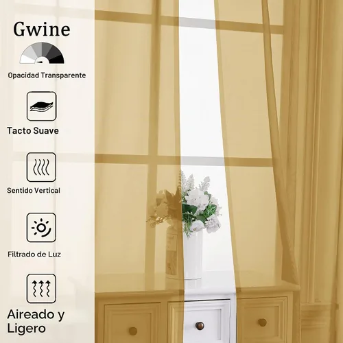 Vista 2 de Gwine Cortinas traslúcidas doradas de 96 pulgadas de largo, 2 paneles para Dorado