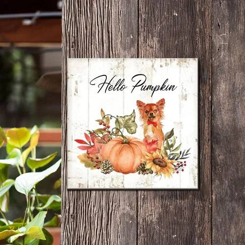 Vista 3 de Hello Pumpkin Boston Terrier Dog Wood Signs Pumpkin Farm Wall Plaque Gives Thanks Porch Sign Rustic Home Family Wall Decoration for Home Front Door