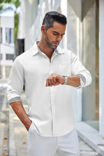 Vista 2 de COOFANDY Camisa de lino con botones para hombre, de manga larga, informal, para playa, con bolsillo