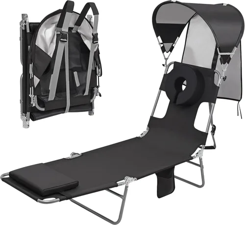 Vista 16 de Silla de bronceado de playa con mochila y toldo con protección solar y orificio para la cara, silla de sol plegable de 6 posiciones para adultos