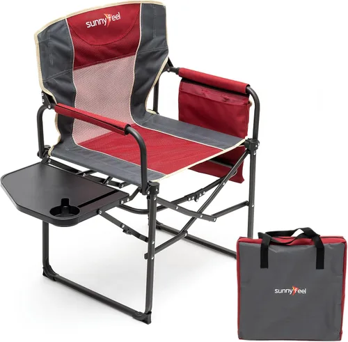 Vista 9 de SUNNYFEEL Silla de Directores de Camping, Silla Plegable Portátil de Gran Tamaño con Mesa Lateral, Bolsillo para Playa, Pesca, Viaje, Picnic
