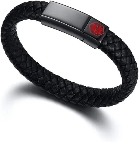 Vista 3 de VNOX Pulsera médica para hombres Pulsera de cuero genuino de acero inoxidable con alerta médica para hombres y mujeres, 8.3 pulgadas