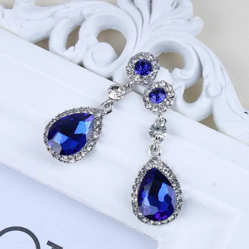 Vista 3 de Aretes colgantes de cristal de zafiro vintage, aretes de gota de zafiro azul, aretes de zafiro con lágrima, aretes colgantes de plata con circonita