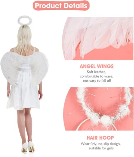 Vista 5 de Alas de ángel de Halloween para mujer, alas de ángel y halo para niñas adultas, disfraces de Halloween para disfraces, recuerdos de fiesta de cosplay