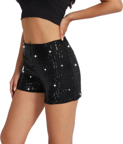 Vista 2 de BAICAIYU Pantalones cortos de lentejuelas para mujer, brillantes de cintura alta, color negro, ligeros, pierna recta, pantalones casuales
