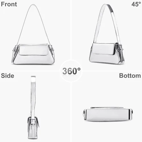 Vista 2 de Bolso de mano plateado para mujer, de cuero, bolso de mano Y2K, bolso de mano brillante, bolso de hombro brillante