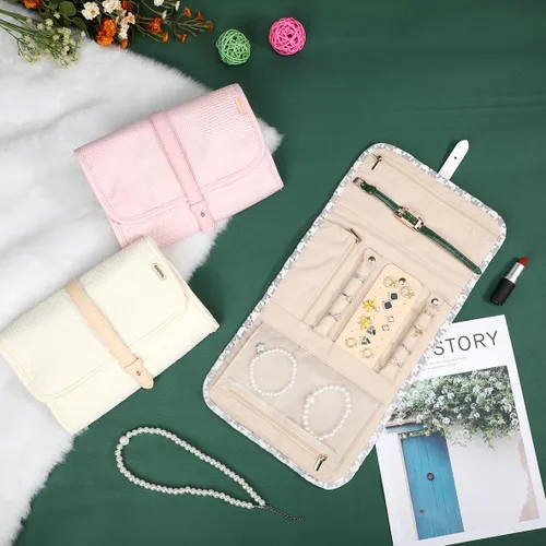 Vista 6 de Voova Estuche organizador de joyas de viaje, bolsa grande de almacenamiento de joyas para mujeres y niñas, bolsa plegable de viaje para joyas