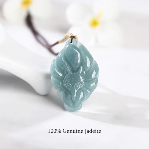 Vista 4 de Dije de reina de zorro de jade real para mujeres y hombres, dije de zorro de nueve colas de la suerte, joyería de jadeíta con certificación genuina
