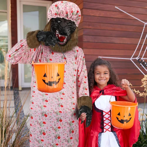 Vista 4 de Bonuci Disfraz de abuela de Halloween para adultos, disfraz de cosplay con sombrero, máscara de cabeza de lobo, guantes, calentadores de piernas