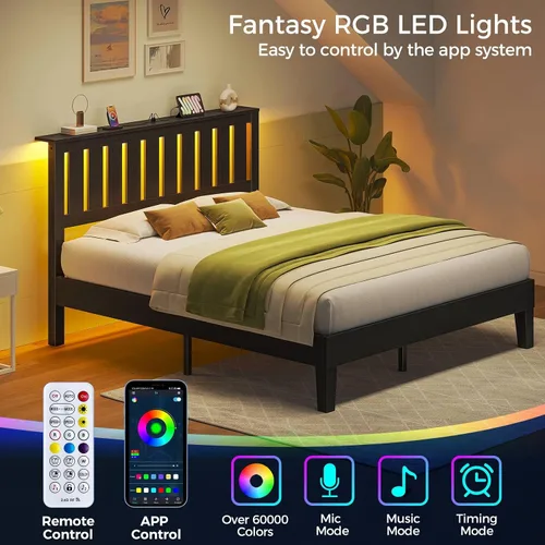 Vista 3 de Rolanstar Estructura de Cama Full con Cabecero, Estación de Carga y Luces LED, Base de Estructura de Cama de Madera con Soporte de Listones de Negro