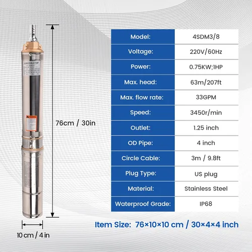 Vista 3 de Bomba sumergible de pozo profundo 1HP, 28GPM 262FT, IP68 impermeable para uso industrial, riego, hogar, 5.2 pulgadas