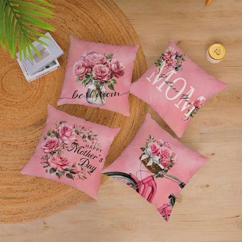 Vista 5 de Juego de 4 fundas de almohada para el Día de la Madre de 26 x 26 pulgadas, fundas de almohada de terciopelo para mamá, fundas de cojín florales