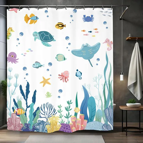 Vista 5 de Cortina de ducha para niños, 60 pulgadas de ancho x 72 pulgadas de largo, linda tortuga corales submarinos para niños y niñas, peces marinos, juego