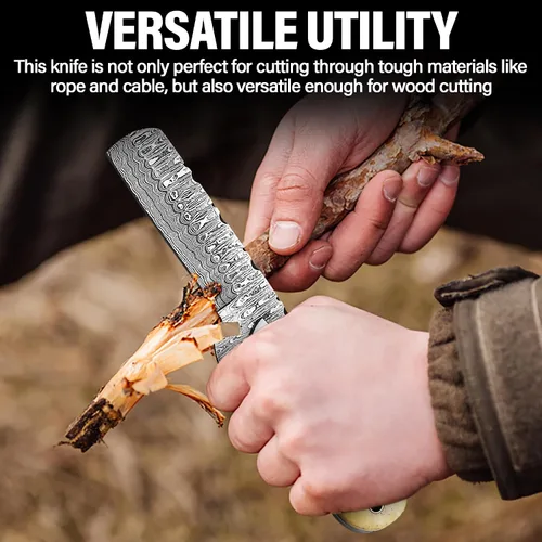 Vista 4 de Cuchillo cortador de toros de Damasco hecho a mano de 8 pulgadas con funda de cuero, cuchillo vaquero occidental para caza, desollar, acampar