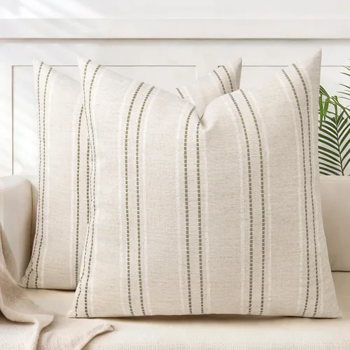 Vista 30 de AELS Fundas de Almohada Decorativas de Lino Estilo Granja de 16x16, Funda de Almohada con Textura Boho, Juego de 2, Beige con Rayas de Hilo Teñido