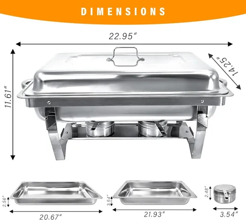 Vista 7 de Juego de 2 platos de 8 cuartos de galón para buffet de acero inoxidable, juego completo de calentador de alimentos con bandeja de agua