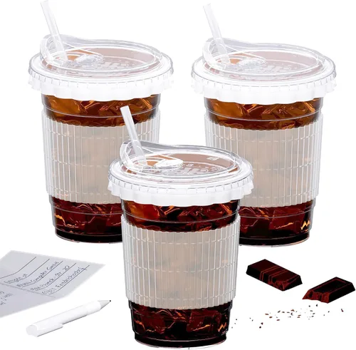 Vista 5 de HAPPYFACE Paquete de 100 vasos desechables de plástico transparente de 16 onzas con tapas para sorber, popotes, protectores de salpicaduras de papel