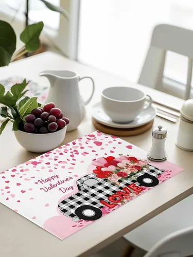 Vista 8 de Juego de 4 manteles individuales para el día de San Valentín para mesa de comedor, camión con globos y rosas románticos de arpillera de corazón rosa