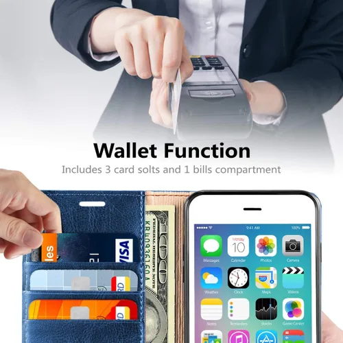 Vista 2 de Belemay Funda compatible con iPhone 6s, compatible con iPhone 6, funda de piel auténtica, billetera delgada, ranuras para tarjetero, soporte