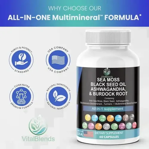 Vista 4 de Musgo marino 3000 mg Aceite de semilla negra 2000 mg Ashwagandha 1000 mg cúrcuma 1000 mg vejiga 1000 mg bardana 1000 mg y vitamina C y D3 con saúco