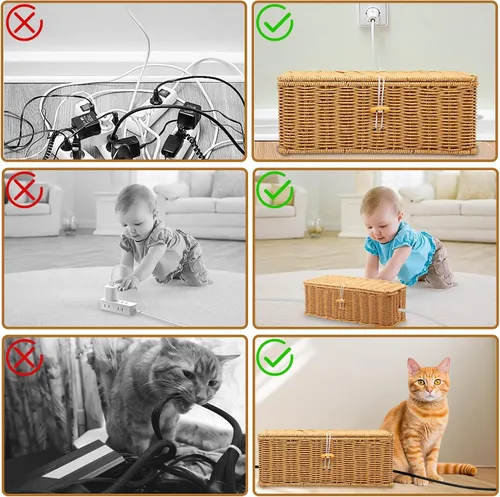 Vista 7 de Caja de gestión de cables, organizador de cables de cordón de ratán de imitación hecho a mano, caja ocultadora de cables con ranuras abiertas, cesta