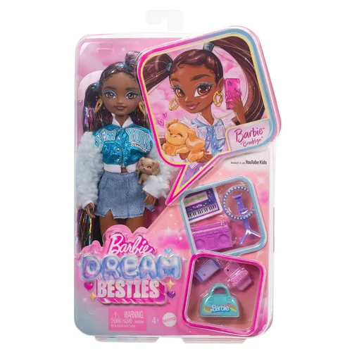 Vista 6 de Set de juego Barbie Dream Besties, muñeca posable Brooklyn con cabello largo negro, 9 accesorios con temática musical