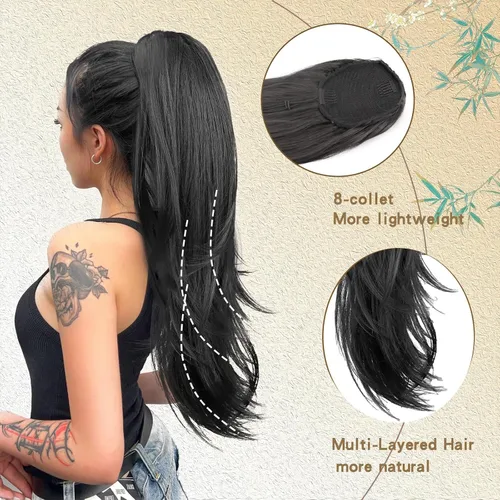 Vista 9 de Extensión de cola de caballo de cabello lacio, mezcla de extensiones de cola de caballo con cordón, rubias para mujer, múltiples capas, sintético