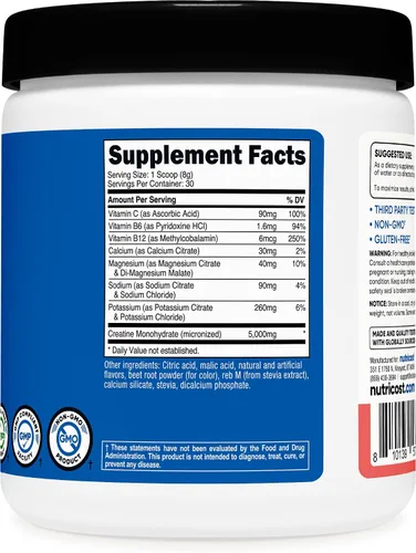 Vista 5 de Nutricost Monohidrato de creatina + hidratación con sabor a sandía (30 porciones) – 7 vitaminas y minerales, 5000 mg de creatina por porción