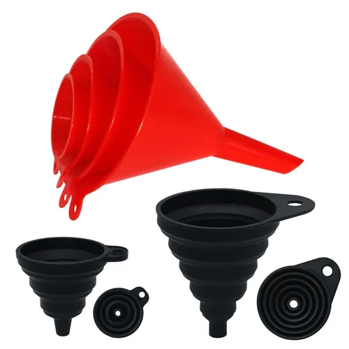 Vista 8 de KongNai Juego de 4 embudos de plástico para uso en cocina y automóvil, embudo pequeño, mediano y grande para llenar botellas, enlatar, cocinar, Rojo