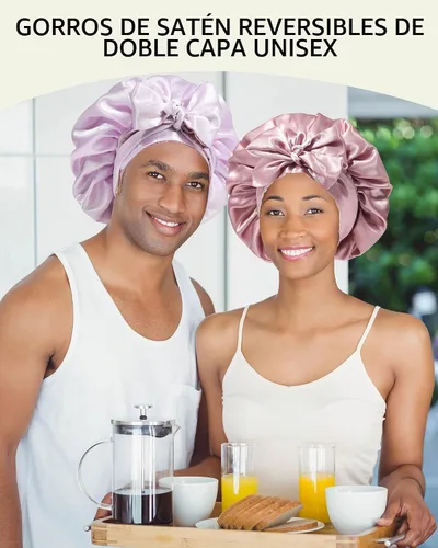 Vista 2 de Gorras de satén de seda para mujeres, envoltura de cabello rizado para dormir, gorra reversible con banda de corbata, gorra de dormir de doble capa