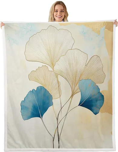 Vista 8 de Manta de hojas de Ginkgo de color amarillo, verde azulado, Ginkgo Biloba, manta de forro polar para niños y niñas, manta botánica de 40 x 50