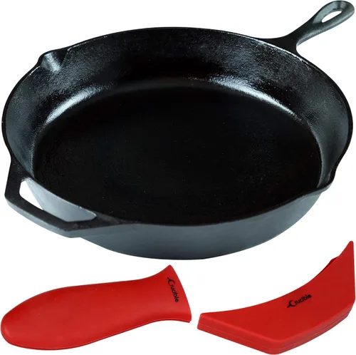 Vista 13 de Sartén de hierro fundido (extra profundo) – 10.25 pulgadas con tapa de sartén, sartenes + fundas de soporte de mango de silicona – Utensilios