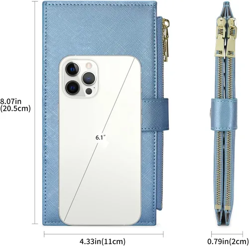 Vista 5 de GOIACII Cartera para mujer con bloqueo RFID plegable para tarjetas de crédito con 2 bolsillos con cremallera, B18 Azul perlado, Classic