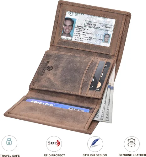 Vista 6 de Cartera Trifold de cuero RFID con 9 ranuras para tarjetas, bolsillo de moneda de bolsillo de 2 notas y ventana de identificación