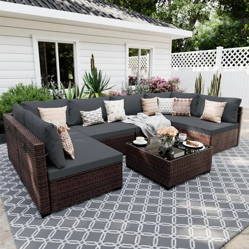 Vista 17 de UPHA Juego de muebles de mimbre para patio de 7 piezas con mesa auxiliar Cojín de ratán beige y beige