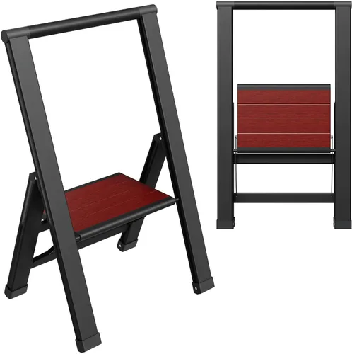 Vista 14 de Escalera de Peldaños de 1 Escalón Plegable, Decorativa - Hermosa Madera Gris y Aluminio Negro, Perfil Ultra Delgado, Peldaños Antideslizantes