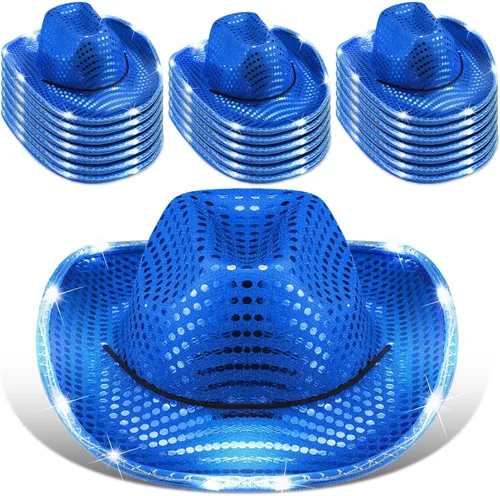 Vista 12 de Tisancy Paquete de 20 sombreros de vaquera con luces LED intermitentes para despedida de soltera occidental, boda, novia Negro