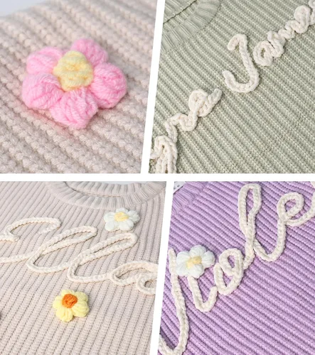 Vista 3 de Suéter de bebé personalizado con nombre tejido a mano y monograma, suéter recién nacido para niños pequeños, niñas, niños, baby shower, futura mamá
