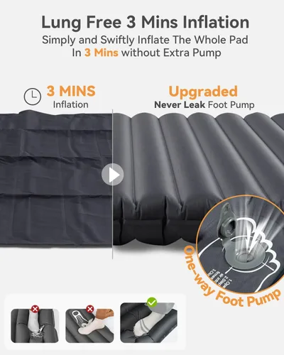 Vista 4 de Hikenture Colchoneta de dormir doble para campamento, colchón de campamento extra grueso de 4 pulgadas para 2 personas, colchoneta inflable