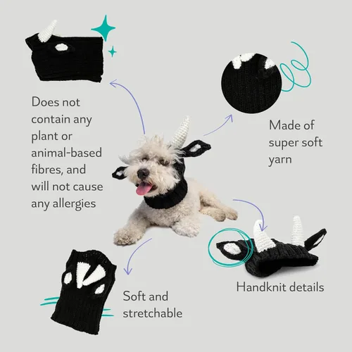 Vista 2 de Zoo Snoods - Disfraz de vaca para perro, disfraz de toro para perros (talla M) Soft knit snood ear warmer with hand-crocheted cow horns and ears