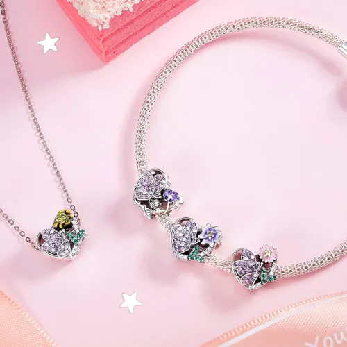 Vista 6 de NINGAN Dijes de piedra natal de febrero + dije de nacimiento de mariposa y violeta de febrero para pulsera