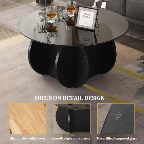 Vista 5 de Mesa de centro negra, mesa de centro redonda de vidrio de 31.5 pulgadas para sala de estar, mesa de centro moderna de mediados de siglo, mesa