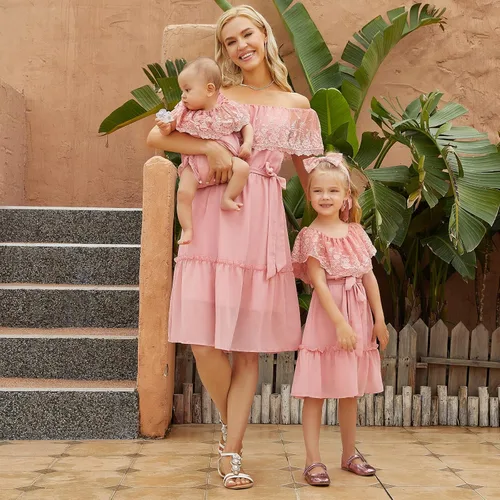Vista 2 de PopReal - Vestidos con estampado floral a juego para madre e hija, de gasa, con volantes, manga corta, para la playa, con diadema, con tira de tela