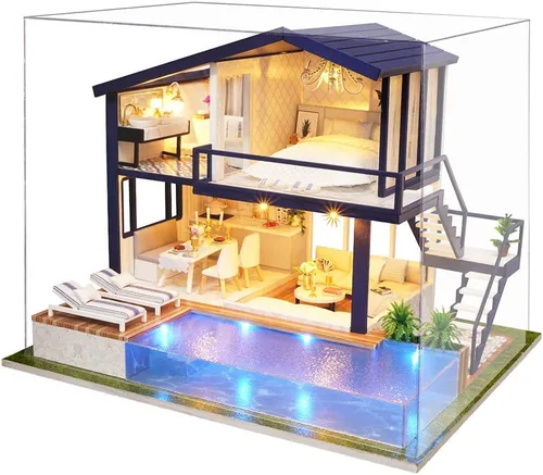 Vista 9 de Spilay - Casa de muñecas en miniatura con muebles, kit de bricolaje de madera para casa de muñecas, mini kit artesanal hecho a mano, escala 1:24