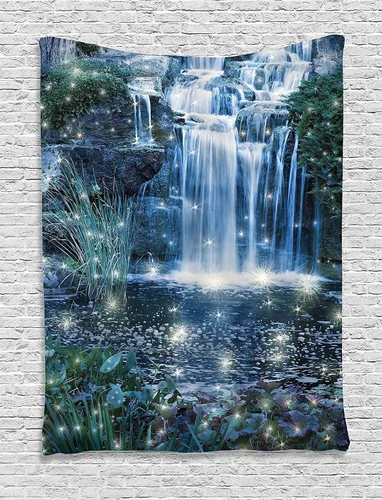 Vista 109 de Ambesonne Tapiz Trippy, vista panorámica de la cascada con bosques de ensueño y mandala oriental psicodélico, decoración de tela para colgar