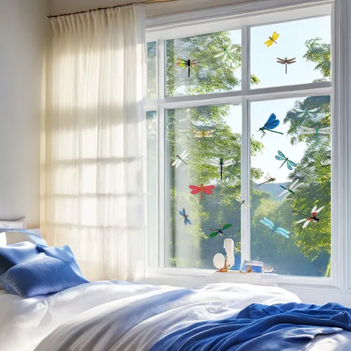 Vista 4 de Colorida libélula anticolisión de pájaro pegado para ventana, 20 piezas