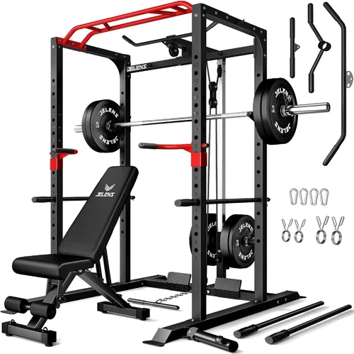 Vista 17 de Jaula de potencia JELENS, banco multifunción S11 con capacidad de 2000LBS, barra para sentadillas con sistema de poleas ajustable y más accesorios